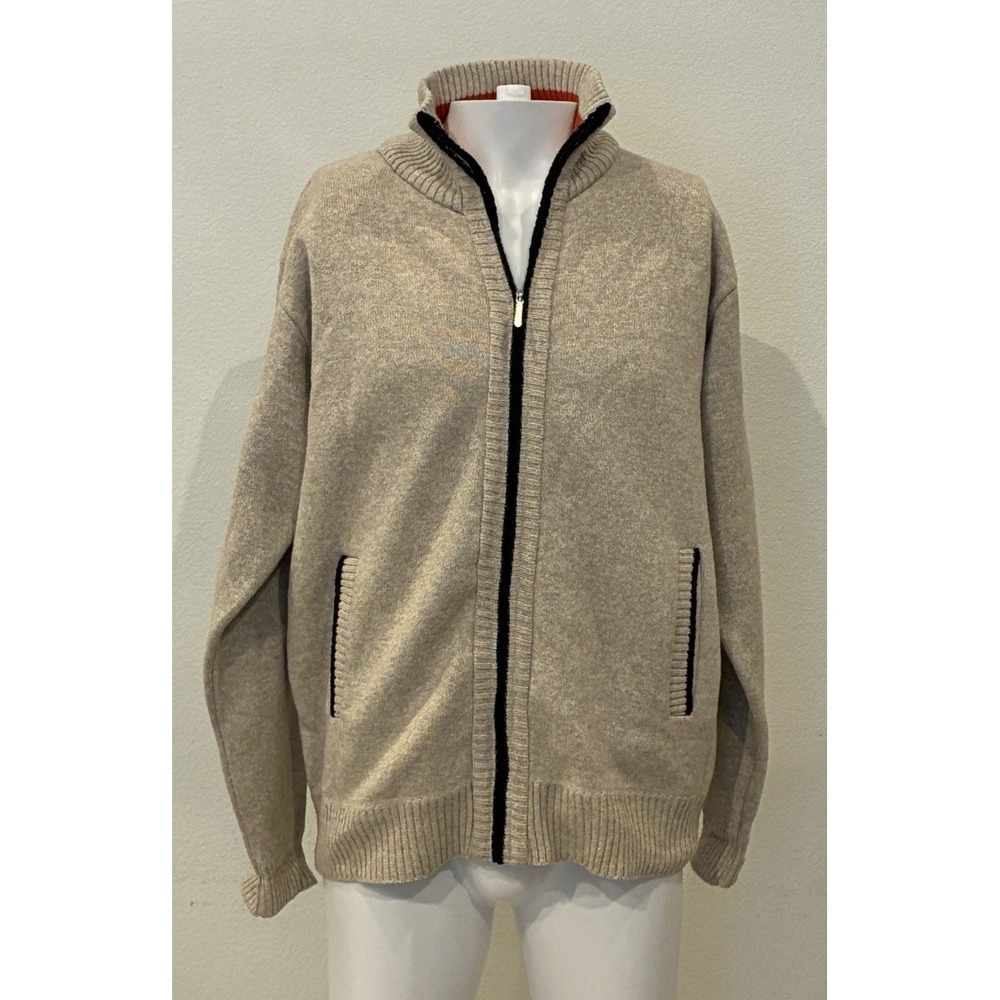 Yeokou Mens Cashmere Wool Blend Full Zip Cardigan Sweater Beige Plaid Lined XL
